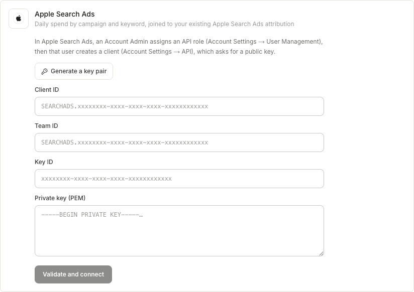 Apple Search Ads connection form with in-browser key-pair generation