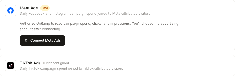 Meta Ads and TikTok Ads connection cards