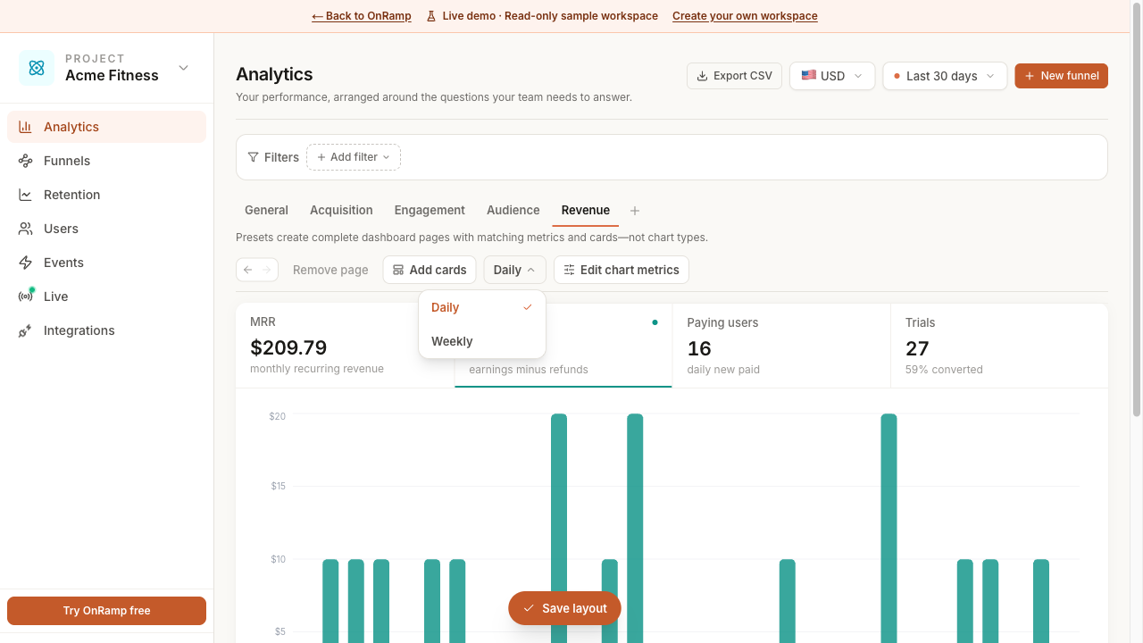 OnRamp mobile analytics homepage