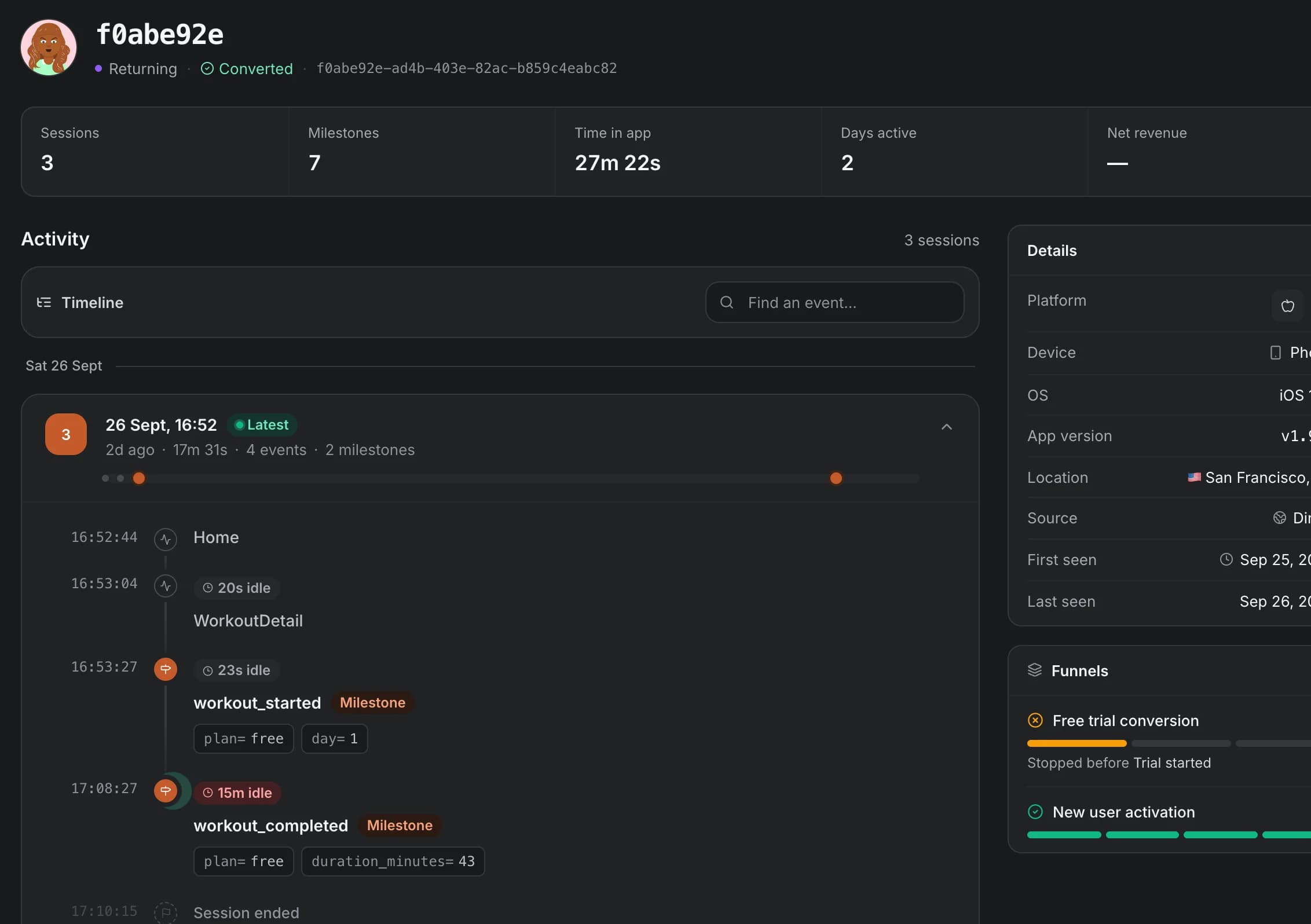 OnRamp user profile with a session timeline of screens, milestones and idle time, plus device, app version and funnel progress